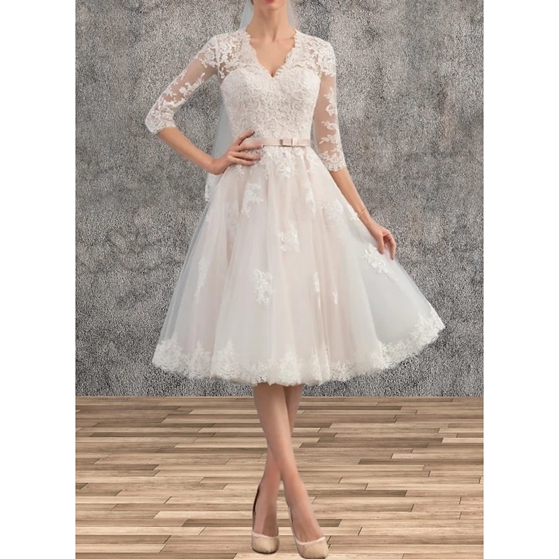Engagement Little White Dresses Wedding Dresses A-Line V Neck 3/4 Length Sleeve Tea Length Satin Bridal Gowns With Sash / Ribbon Appliques