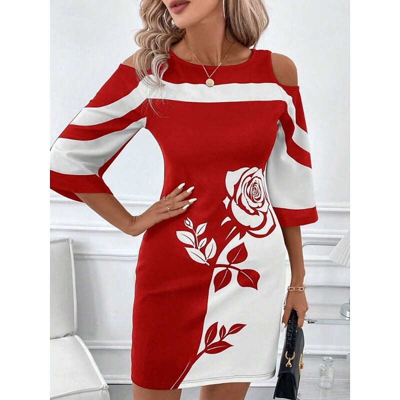 Women's Mini Dress Casual Dress Bodycon Summer Dress Fashion Modern Outdoor Daily Weekend Regular Fit Floral Striped 3/4 Length Sleeve Crew Neck Black White Red Summer4