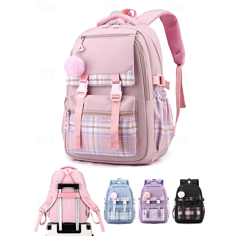 Girls' Large Capacity Plaid Backpack with Pom Pom Charm – Waterproof Nylon School Bag for Teens, Travel and College Use Black Pink Blue