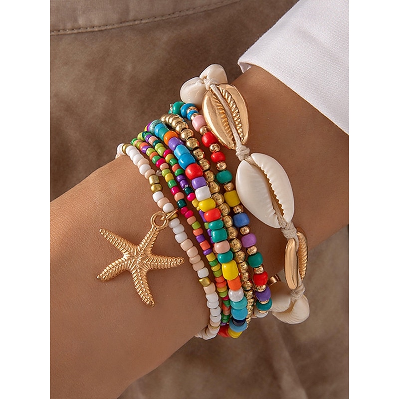Women's Boho Shell Beaded Bracelet Set - 7-Piece Starfish Charm Stretch Bracelet in Various Colors for Summer Beach Wear and Resort Wear