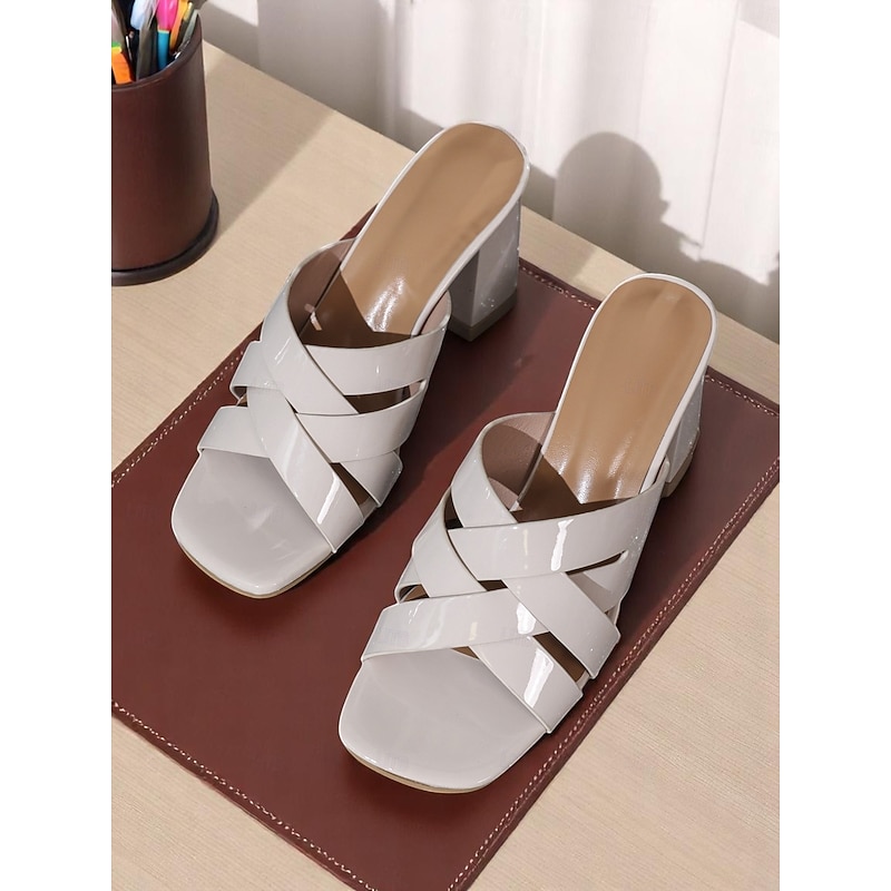 Women's Patent Leather Block Heel Sandals - Black Glossy Open-Toe Mules with Crisscross Straps, Chic Evening & Office Shoes4