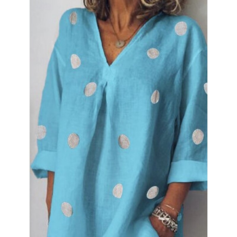 Women's Mini Dress Shift Dress Casual Outdoor Beach Linen Regular Fit Graphic Polka Dot Long Sleeve V Neck White Pink Blue Gray Summer2