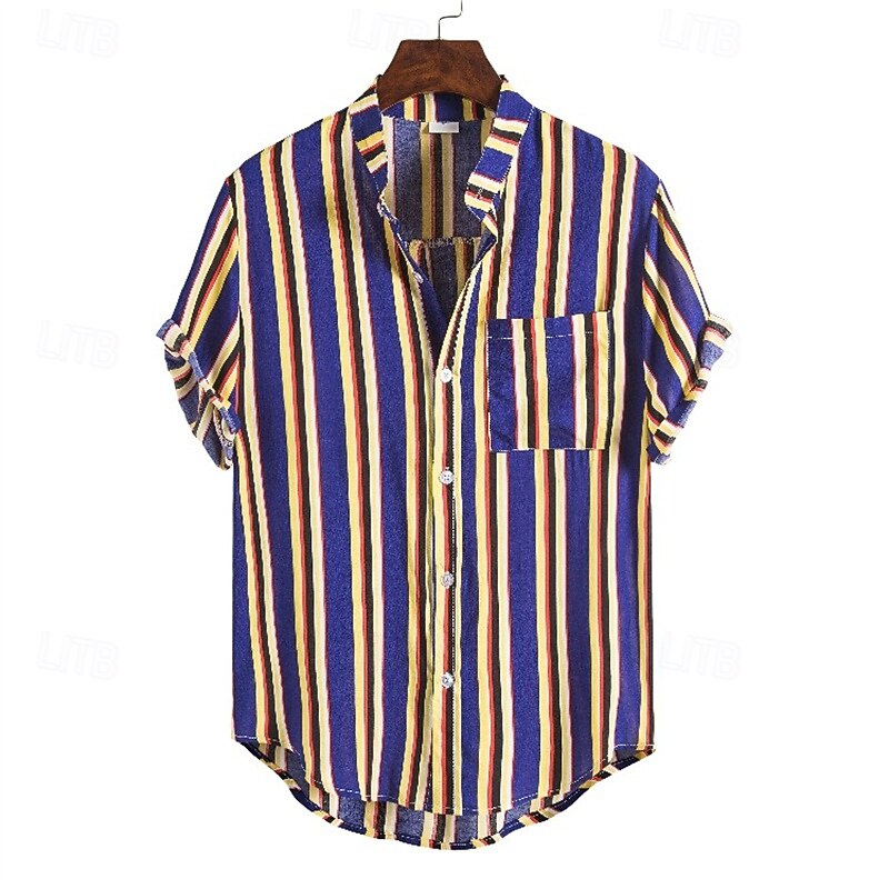 Men's Shirt Popover Shirt Summer Shirt Casual Shirt Beach Shirt Light Yellow Yellow Red Blue Dark Blue Short Sleeve Stripes Band Collar Vacation Hawaiian Pocket Clothing Apparel Cotton Blend Fashion