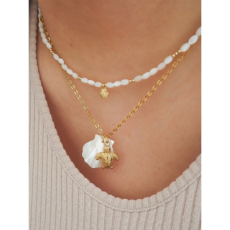 Women's Mother-of-Pearl Seashell Pendant Necklaces – Beach-Inspired Gold Chain Jewelry with Nautical Charms (Starfish, Turtle, Dolphin, Shell) for Summer Travel, Vacations & Gifts2