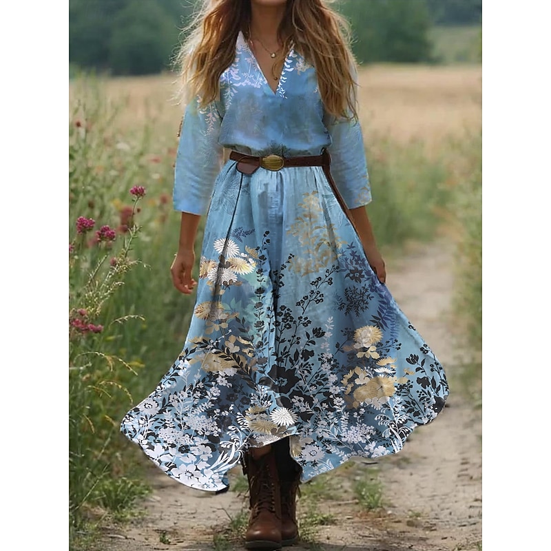 Women's Boho Dress Western Dress Vintage Maxi Dress Sundress Pleated Dress Vacation Casual Boho Going out Beach Standard Fit Floral Graphic 3/4 Length Sleeve V Neck White Light Green Blue2