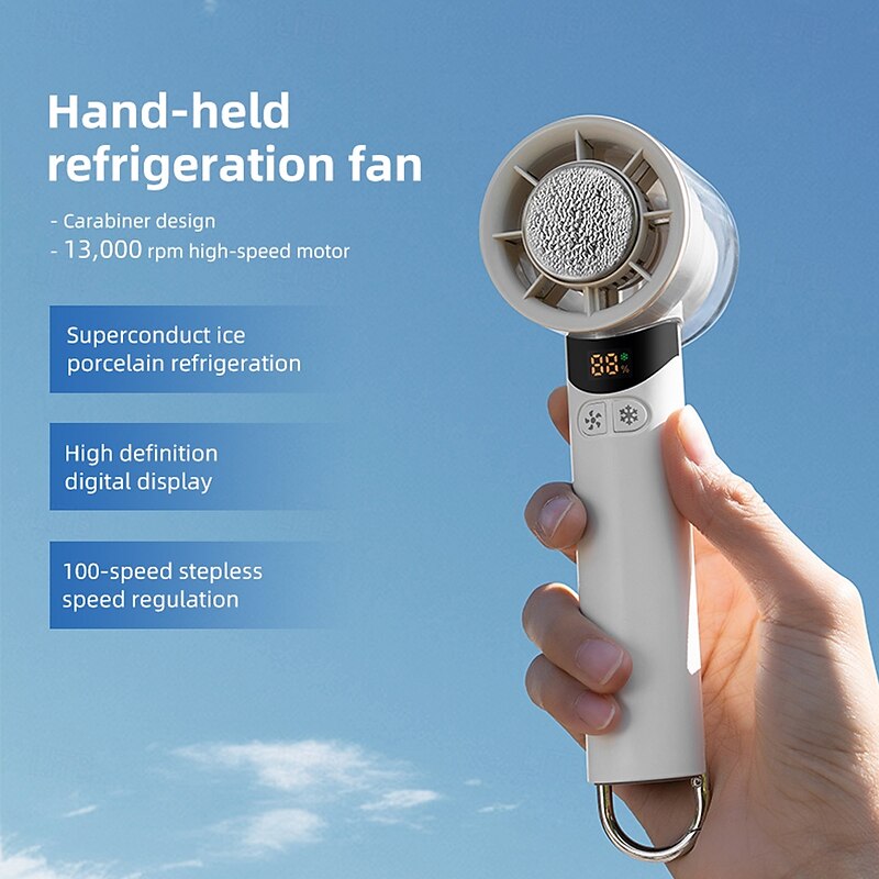 K52 Handheld Cooling Fan with 13000RPM Motor, Ice Porcelain Refrigeration, LED Display, 100-Speed Adjustment, Foldable Design and Carabiner – Portable Personal Fan for Summer Travel and Outdoor Use