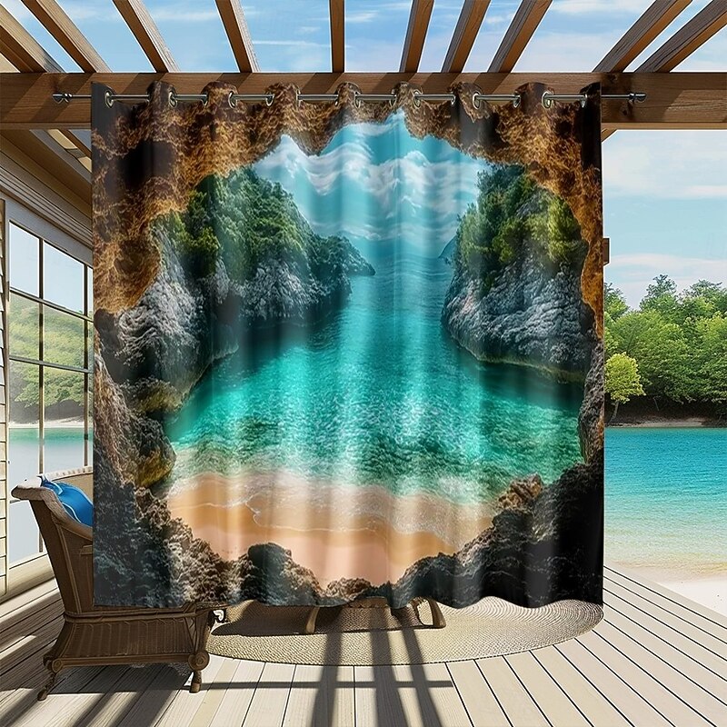 Waterproof Outdoor Curtain Privacy, Sliding Patio Curtain Drapes, Pergola Curtains Grommet 3D Ocean Cave Landscape For Gazebo, Balcony, Porch, Party, 1 Panel3