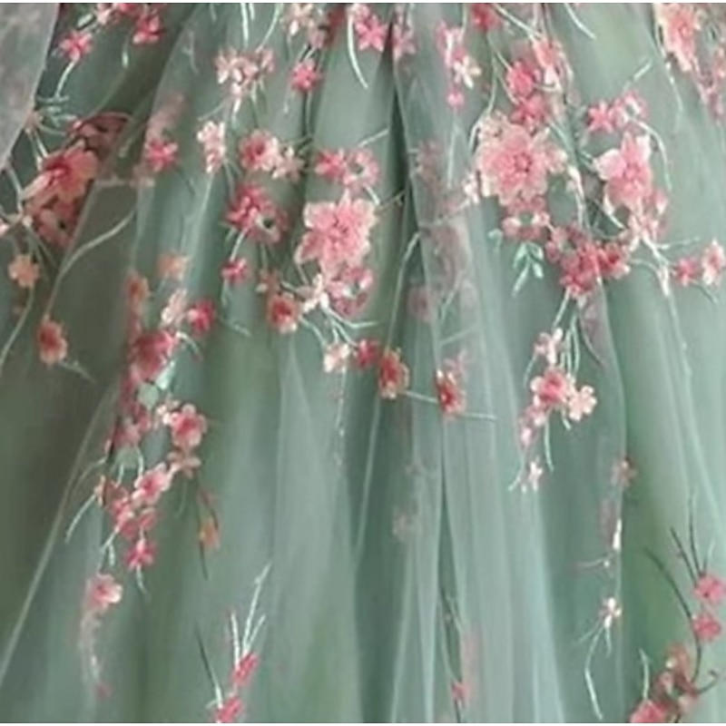 Floral Embroidered Lace A-line Tulle Prom Dresses Elegant Dress Formal Wedding Guest Tea Length Sleeveless V Neck3