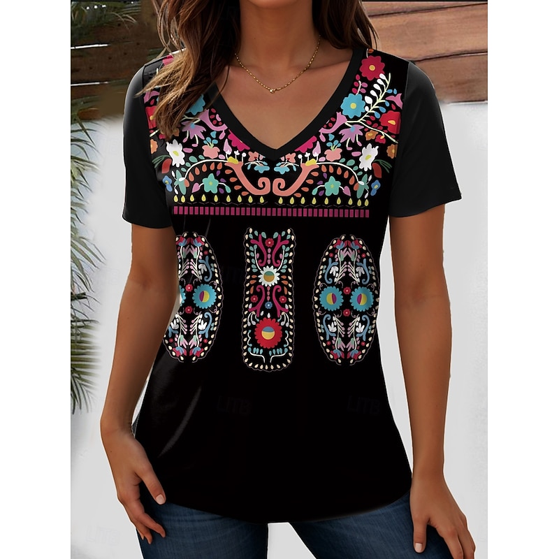 Women's T Shirt Graphic Geometric Paisley Bohemia Vintage Stylish Short Sleeve V Neck Regular Tops Daily Going out Beach Wear Print Black+White+Red Black White Red Purple Summer3