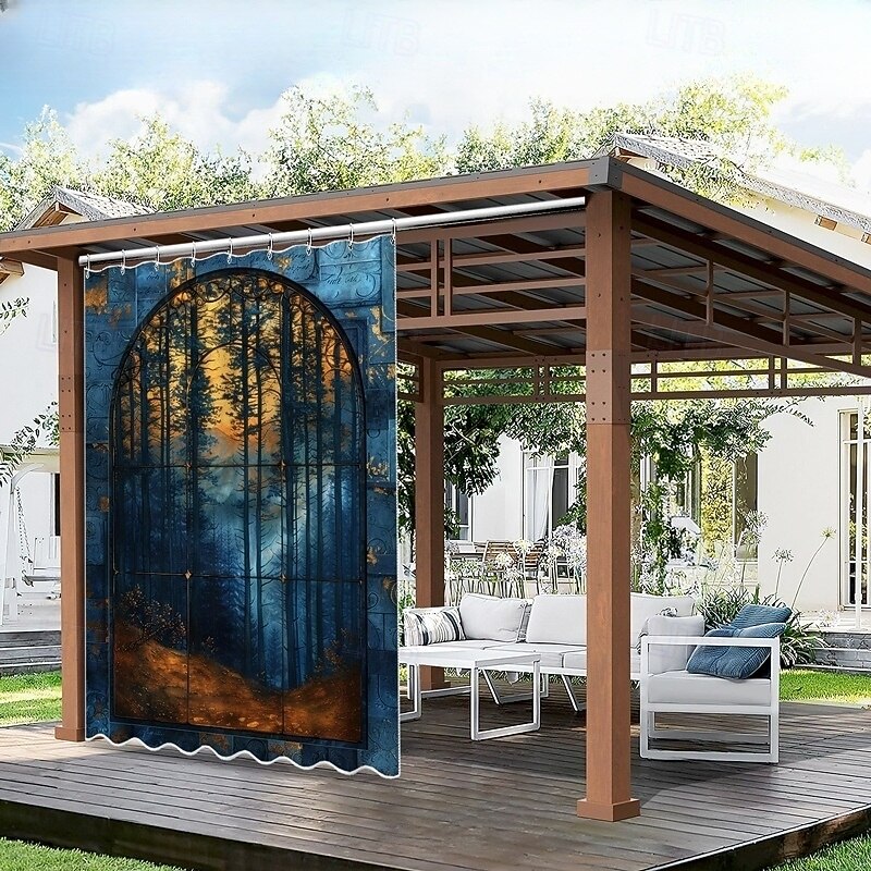 Waterproof Outdoor Curtain Privacy, Sliding Patio Curtain Drapes, Pergola Curtains Grommet 3D Landscape Forest For Gazebo, Balcony, Porch, Party, 1 Panel2
