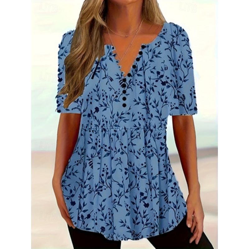 Women's Summer Tops Print Casual Half Sleeve V Neck Regular Tops Daily Print White Yellow Blue Summer