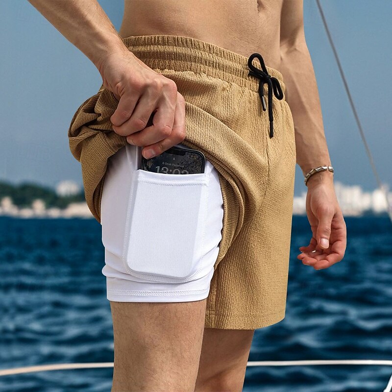 Men's 2 in 1 Board Shorts Beach Shorts Running Shorts Casual Shorts Gym Shorts Drawstring Elastic Waist Straight Leg Plain Quick Dry Moisture Wicking Short Outdoor Casual Daily Vacation Sports Black4