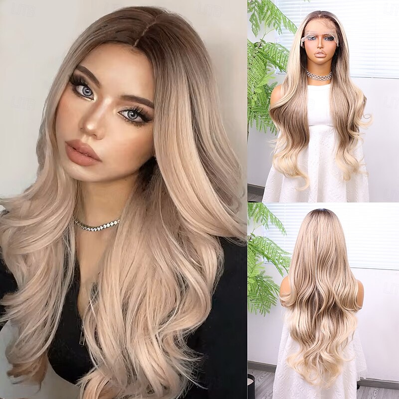 Synthetic Lace Wig Body Wave Style 30 inch Blonde Middle Part 13x6 Lace Front Wig Women's Wig Light golden