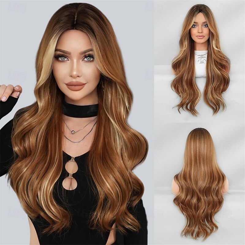 Long Curly Highlight Wig with Curtain Bangs for Women 28 Inch Layered Hair Synthetic Heat Resistant Wig Natural Looking Wigs Daily Use