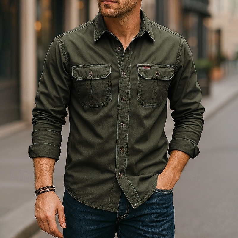 Men's Casual Shirt Work Shirt Button Up Shirt Dark Navy khaki Light Grey Army Green Long Sleeve Solid / Plain Color Lapel Vacation Holiday Button-Down Clothing Apparel Cotton Fashion Casual3
