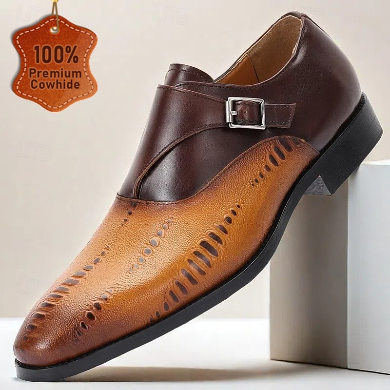 Men's Brown Monk Strap Dress Shoes with Laser Cut Detailing – Elegant Premium Leather Prom and Banquet Shoes