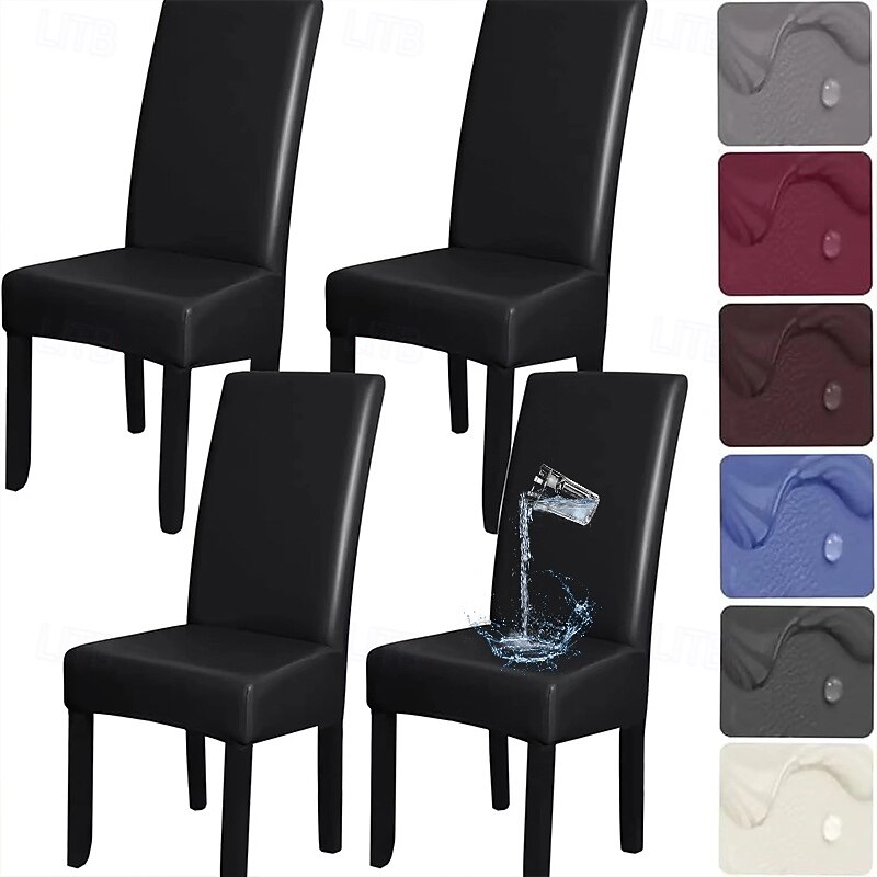 1/2/4/6 Pc Pu Leather Chair Cover Waterproof Oilproof Dining Chair Case Stretch Solid Color Seat Slipcover for Living Room Kitchen Home