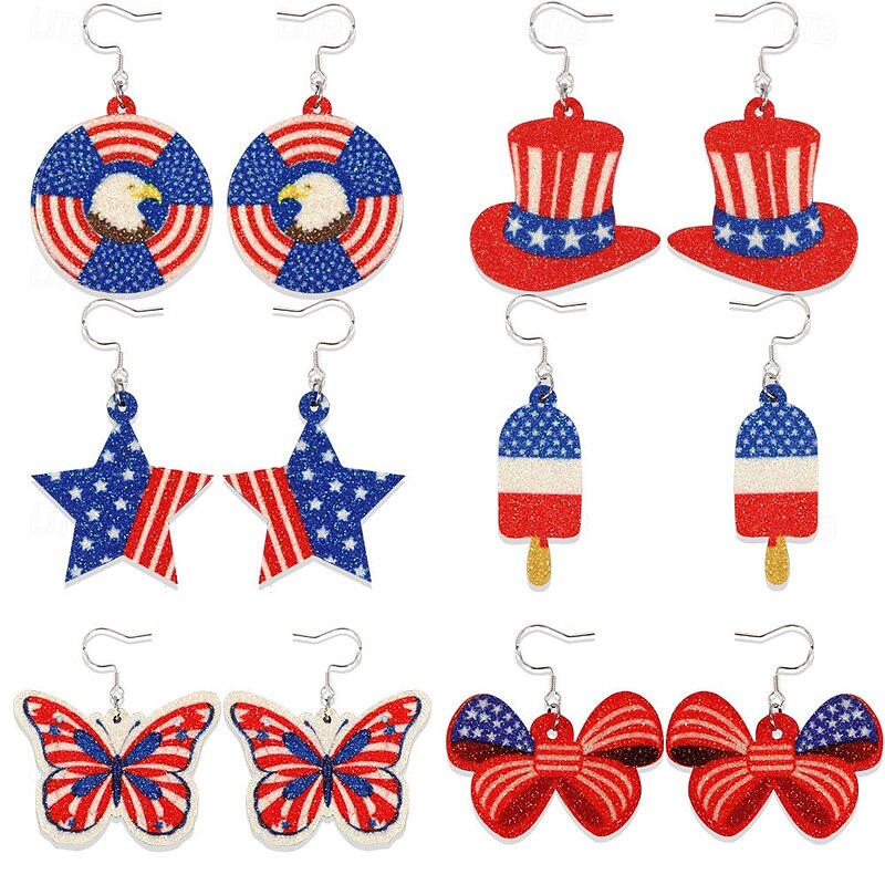 6 Pairs 4th of July Earrings for Women Patriotic American Flag Star Earring Red White Blue Dangle Drop Earrings Holiday Jewelry Gift