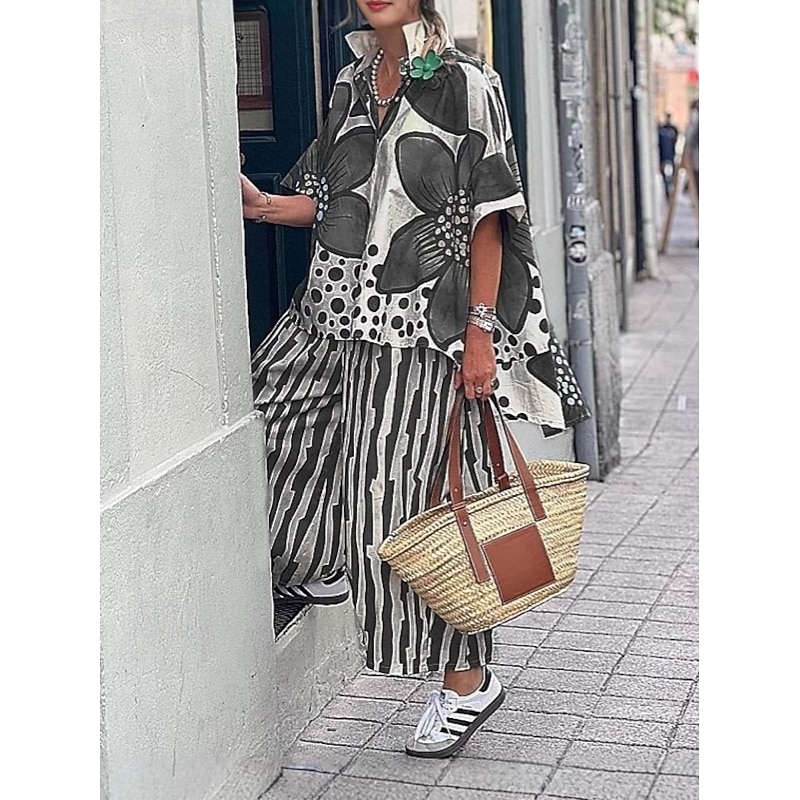 Women's EU / US Size Matching Sets Half Sleeve Bell Sleeve V Neck Printing Print Going out Casual Daily Red Blue Purple Summer Loose Fit2