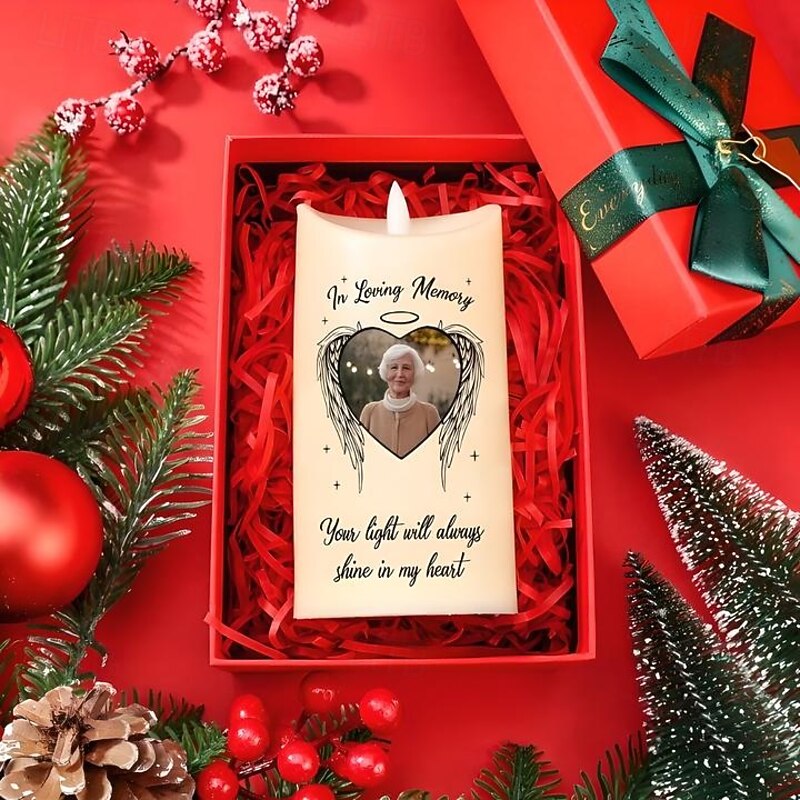 Personalized Memorial LED Candle Custom Photo Sympathy Gifts For Loss Of Loved Ones, Candle with Angel Wings Elegant Keepsake Light for Bedroom Home Decor Tribute Display4