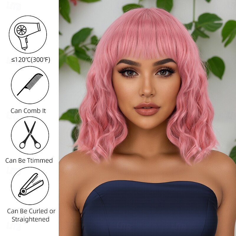Synthetic Wig Body Wave Curly Weave Asymmetrical Neat Bang Machine Made Wig 14 inch A1 Synthetic Hair Women's Party Classic Comfortable Pink3