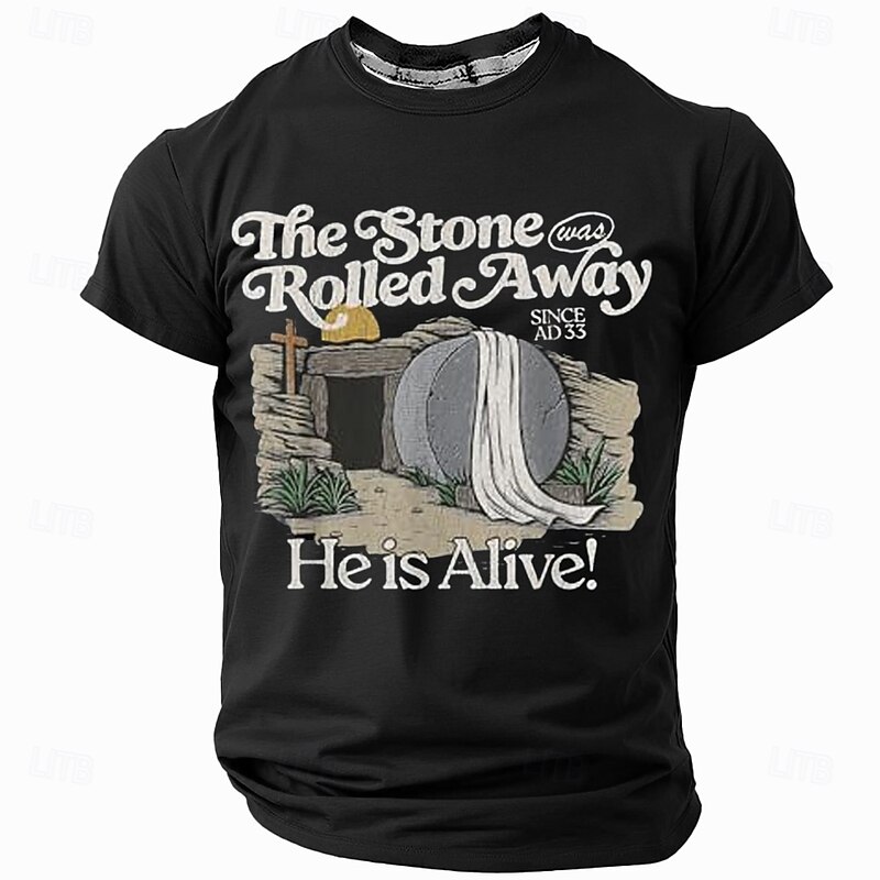 Christian Resurrection Faith Men's Graphic T-Shirt | 'The Stone Was Rolled Away He Is Alive' Easter Blue Short Sleeve4