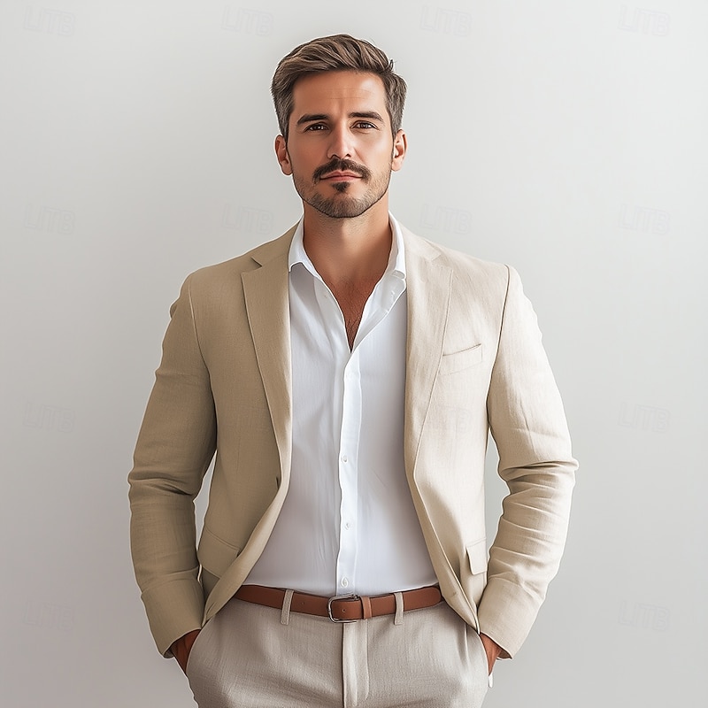 Men's Linen Blazer Sport Coat Notch Collar Fashion Casual Solid Colored Linen Blazer Sky Blue khaki Beige Standard Fit Single Breasted One-button2