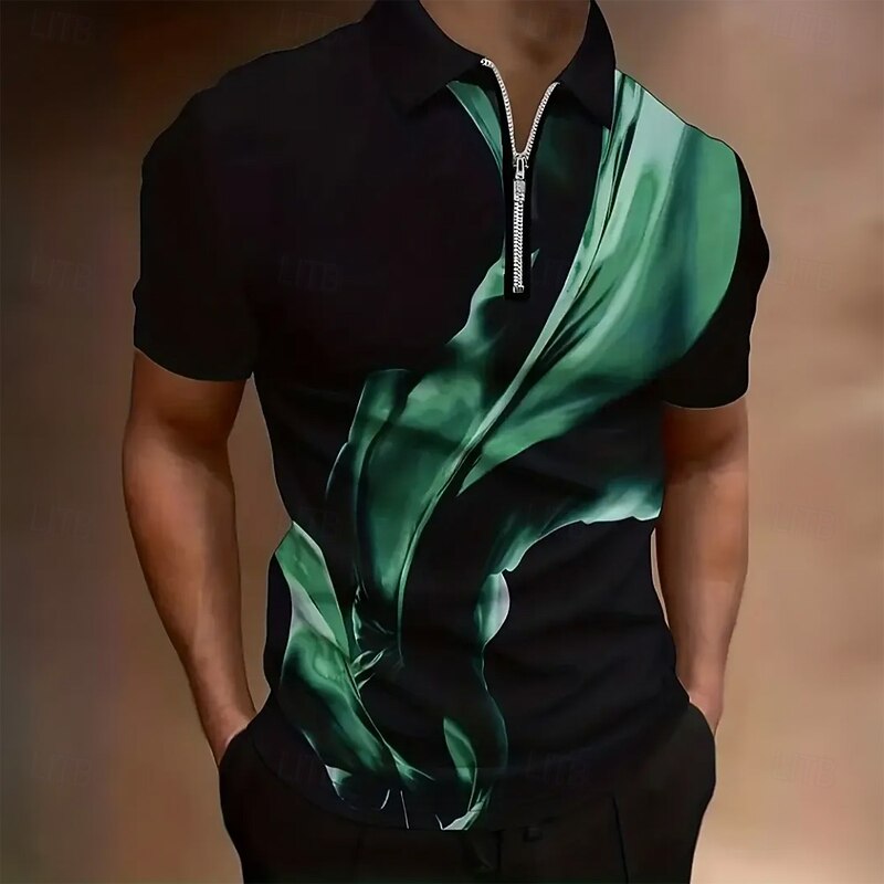 Men's Abstract Zip Polo Short Sleeve Turndown Casual Daily Modern Sports & Outdoor Athleisure Casual Daily Zipper Summer Robin's Egg Blue Green