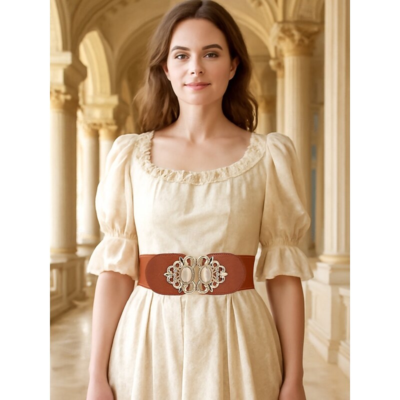 Women's retro palace style fashion elastic belt with embellished metal buckle, elegant design, suitable for formal and casual wear2