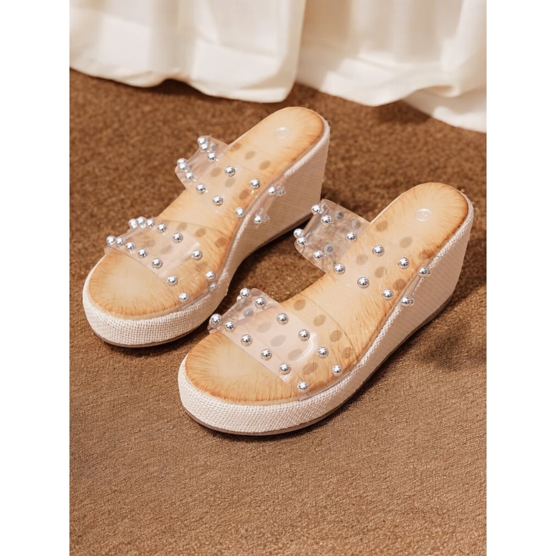 Women's Clear Slide Sandals with Pearl Embellishments – Chic Clear wedges  Heel Design, Comfortable and Stylish Footwear for Summer, Beach, and Casual Outings2
