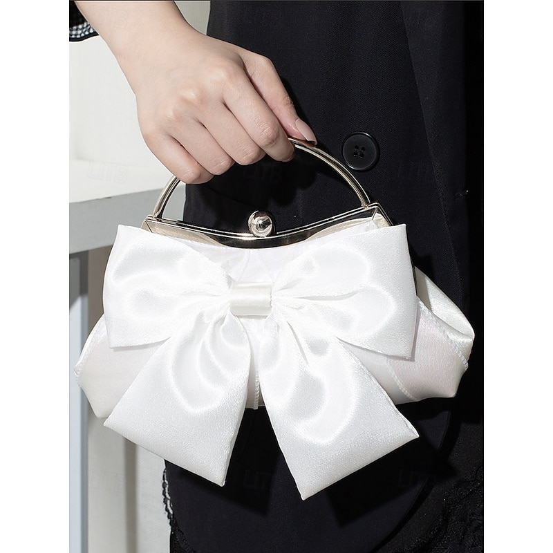Women's Satin Bow Evening Clutch Bag – Elegant Pearl Frame Handle Purse for Brides, Weddings, Cocktail Parties and Formal Events Silver Black White3