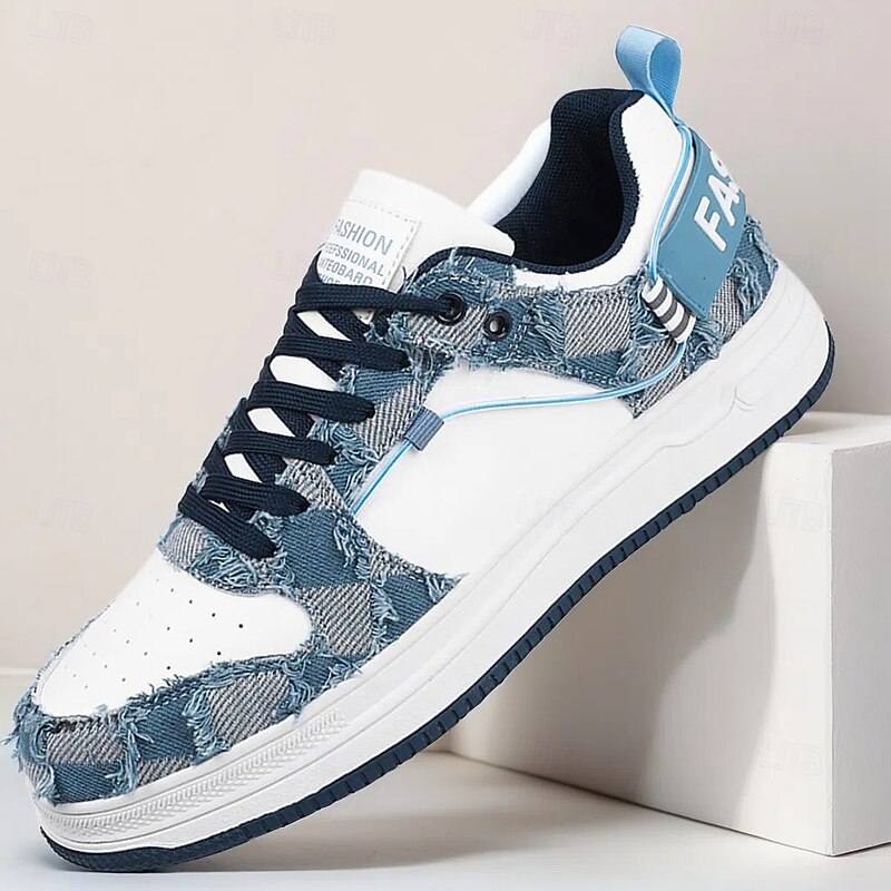 Men's Stylish Sneakers - Denim - Inspired Patchwork with Faux Leather Accents, Comfort - Oriented Design, Suited for Casual Gatherings & City Walks