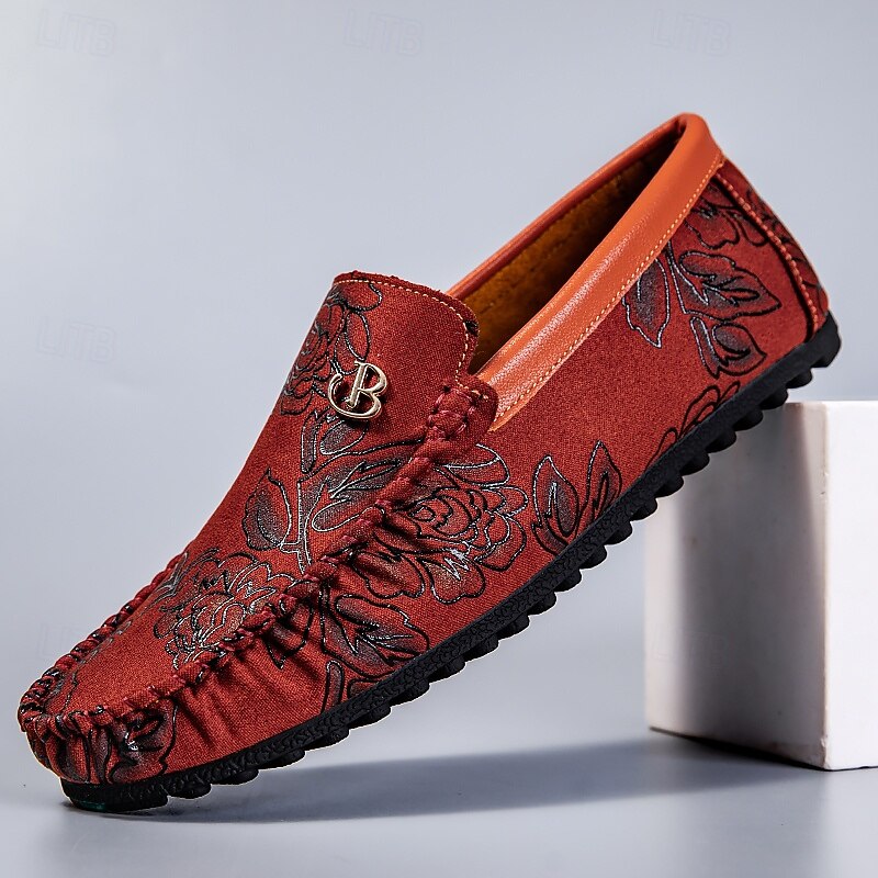 Men's Burgundy Slip-On Loafers with Embroidered Detailing, Stylish Moccasins for Evening Wear and Resort Vacations
