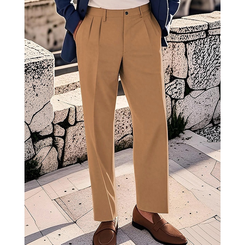 Men's Cotton Pants Chinos Buttons Pocket Pleats Plain Comfort Work Business Classic Style Black Navy Blue Micro-elastic3