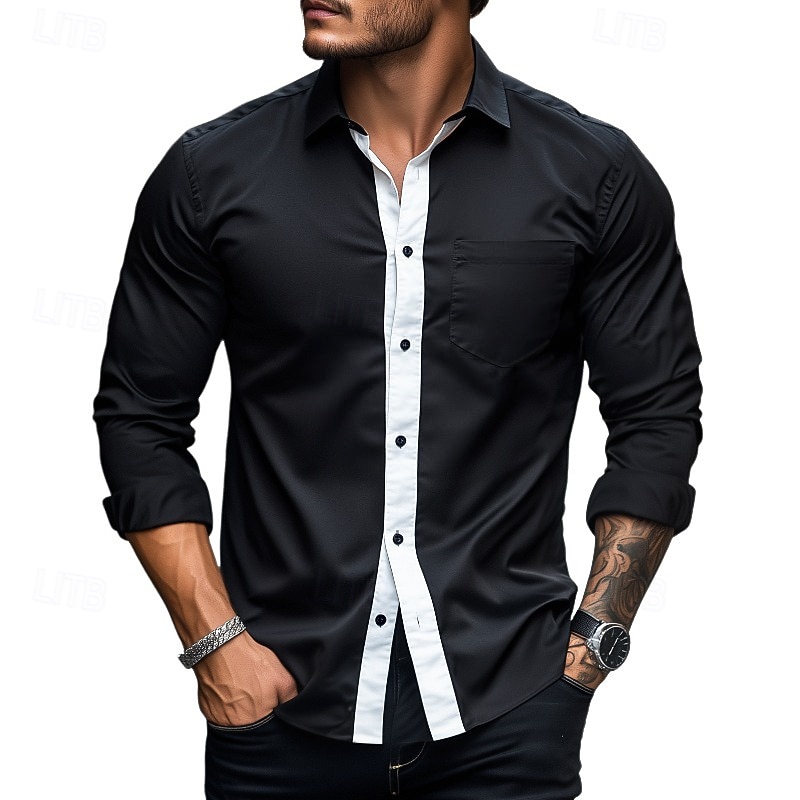Men's Shirt Casual Shirt Button Up Shirt Black Long Sleeve Plain Collar Street Daily Clothing Apparel Fashion Casual2