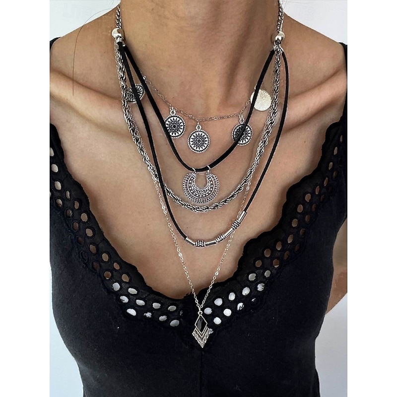 Silver Bohemian Layered Necklace with Black and Silver Chains, Circular and Geometric Pendants, Perfect for Casual and Evening Wear, Ideal for Summer and Festival Accessories