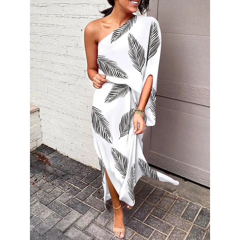 Women's Maxi Dress Off The Shoulder Dress Vacation Casual Boho Outdoor Beach Loose Fit Graphic Leaf 3/4 Length Sleeve One Shoulder Black White Blue Khaki Summer