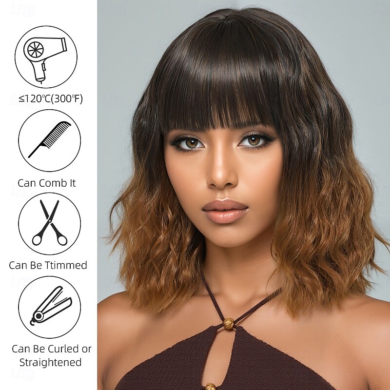 Synthetic Wig Curly Loose Curl Asymmetrical Neat Bang Machine Made Wig 16 inch A1 Synthetic Hair Women's Cute Classic Comfortable Dark Brown3