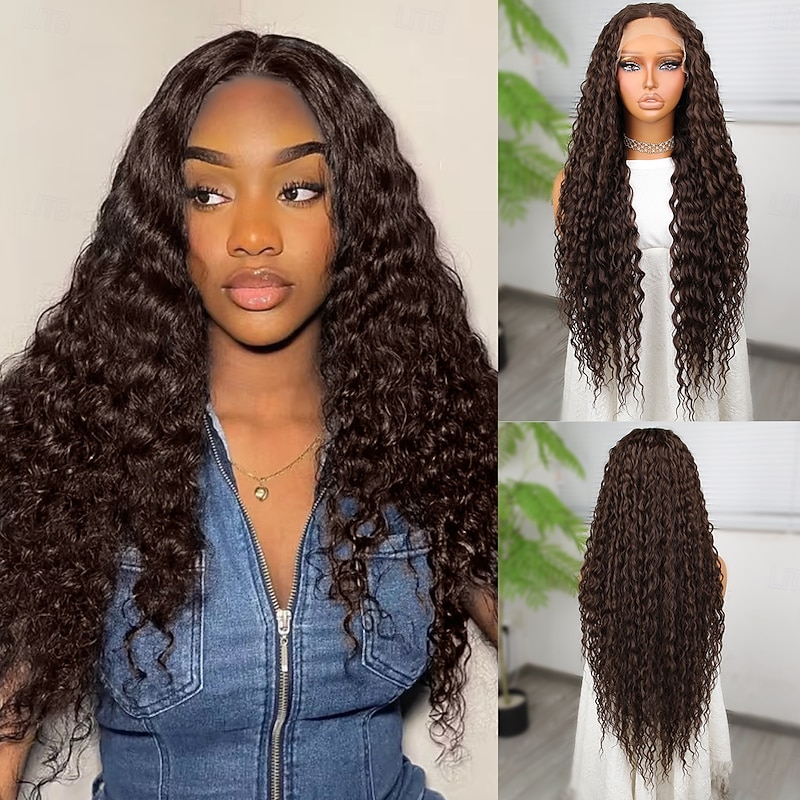 Synthetic Lace Wig Deep Curly Style 32 inch Pink Middle Part 13x4x1 T Part Lace Front Wig Women's Wig Dark Brown