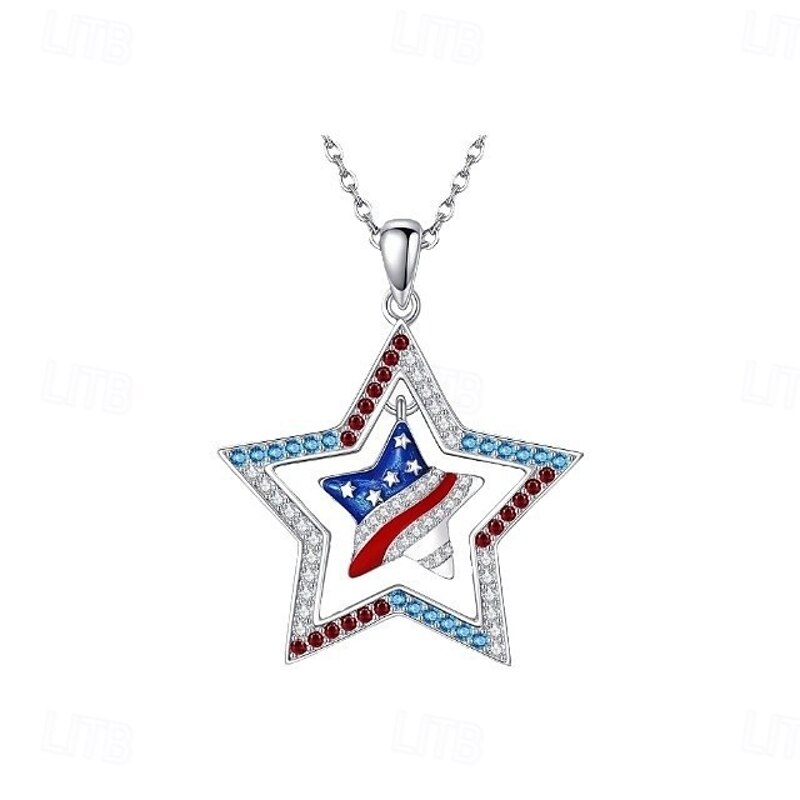 American Flag Necklace Sterling Silver 4th of July Stars Pendant Necklace Patriotic Jewelry Gifts for Women