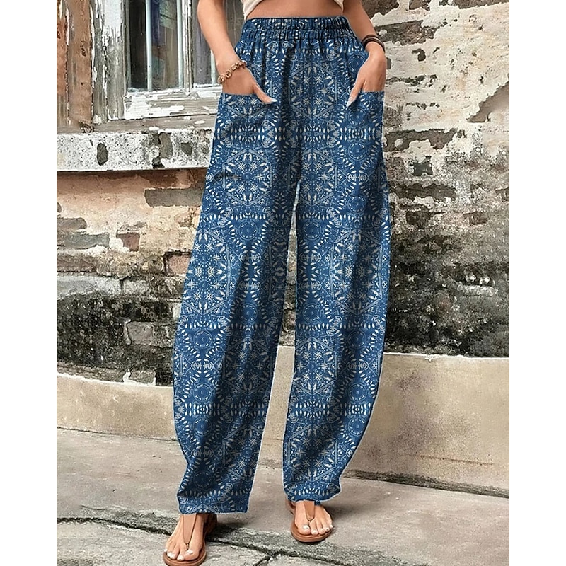 Women's Slacks Streetwear Casual Full Length Natural Striped Flower Pocket Elastic Waist Printing Outdoor Comfortable Street Daily Light Sky Blue Pink Blue Summer Regular Fit2