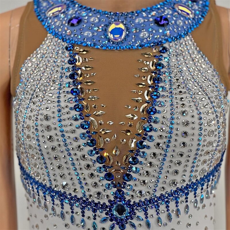 Figure Skating Dress Women's Girls' Ice Skating Dress Sky Blue White Patchwork Asymmetric Hem Mesh High Elasticity Training Competition Skating Wear Classic Crystal / Rhinestone Sleeveless Ice2