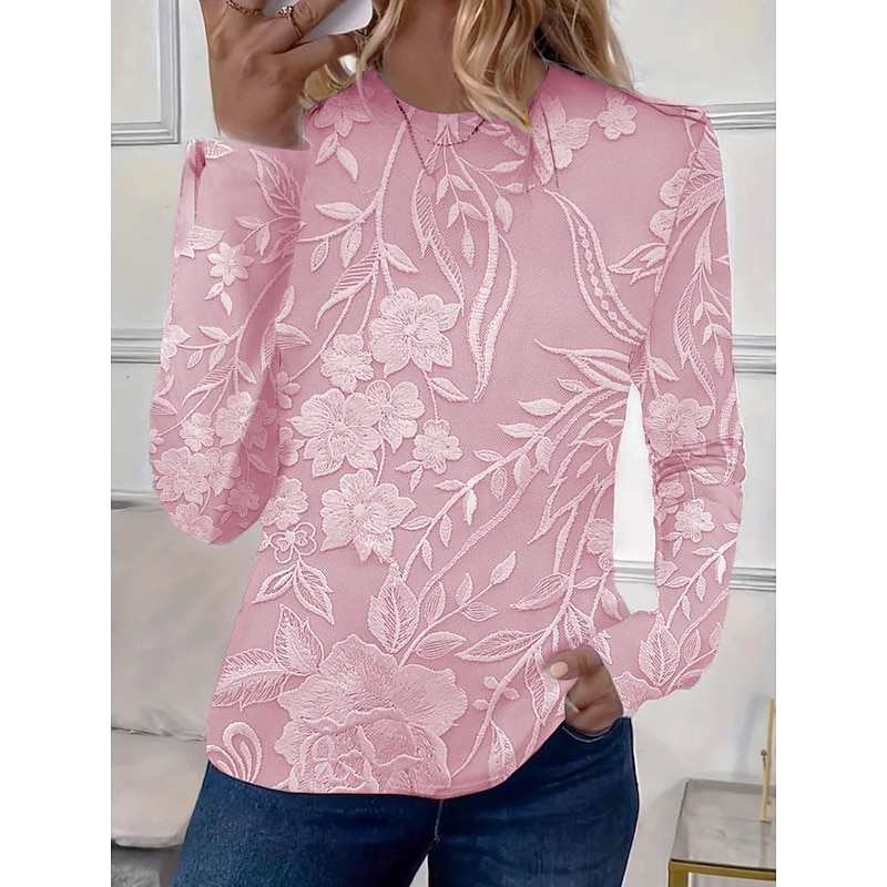 Women's T shirt Crew Neck Long Sleeve Tunic Floral Graphic Plants Elegant Casual  Round Neck Regular Tops Daily Print Pink Blue Purple Beige Spring Fall3