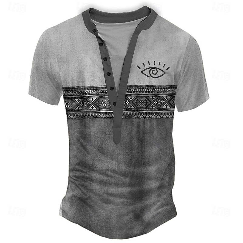 Men's Geometric Tribal T Shirt Henley Shirt Tee Short Sleeve Designer Basic Classic Outdoor Casual Daily Summer Gray Green Light Blue Khaki Henley Henley T-Shirt3