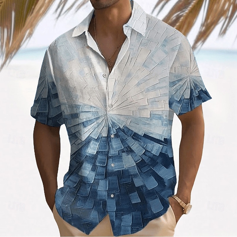 Men's Geometric Gradient Radiating Block Print Shirt Summer Shirt Button Up Shirt Short Sleeve Fashion Casual Outdoor Vacation Dailywear Summer Spring Turndown 3D Print Collared Shirts Blue
