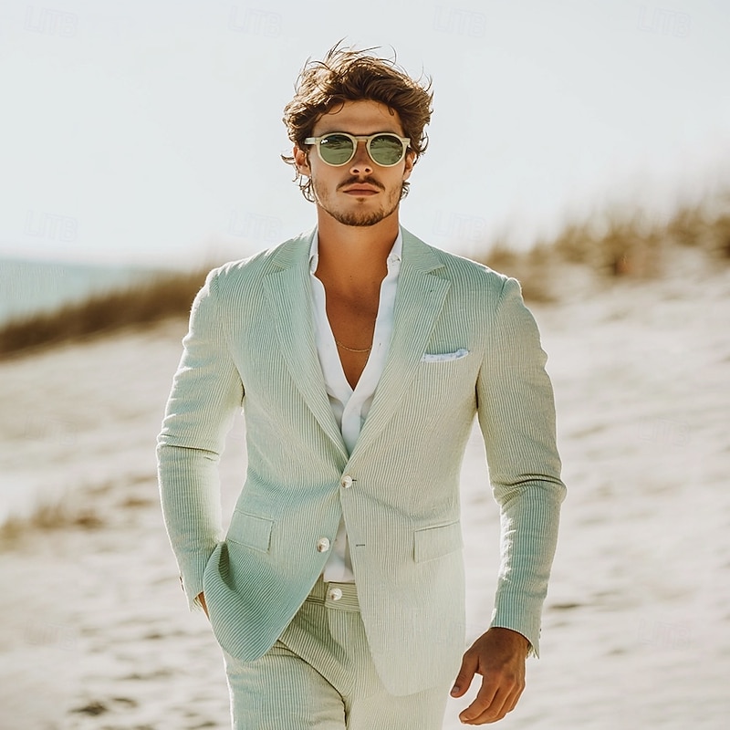 Men's Beach Wedding Suits Champagne Sky Blue Lightweight Striped Standard Fit 2 Piece Single Breasted Two-buttons2