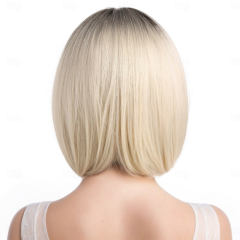 Synthetic Wig kinky Straight Natural Straight Middle Part Deep Parting Machine Made Wig 12 inch A1 Synthetic Hair Women's Classic Comfortable Color Gradient Blonde4