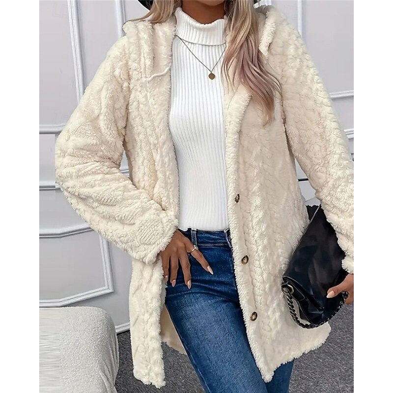 Women's Fleece Jacket Coat Warm Comfortable Buttons Elegant Fashion Outdoor Plain Going out Casual Daily Weekend Single Breasted Regular Hooded Regular Fit Long Sleeve Outerwear Black White Apricot