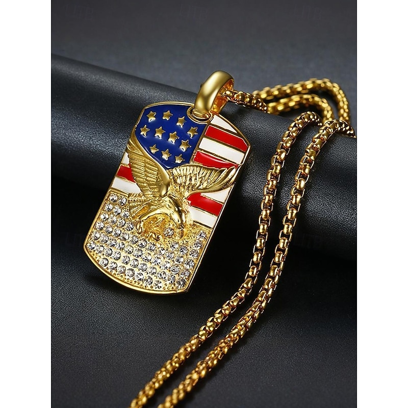 Men's American Flag Eagle Pendant Necklace – Gold Stainless Steel Patriotic Jewelry with Rhinestones for Independence Day, Veterans and Military Appreciation