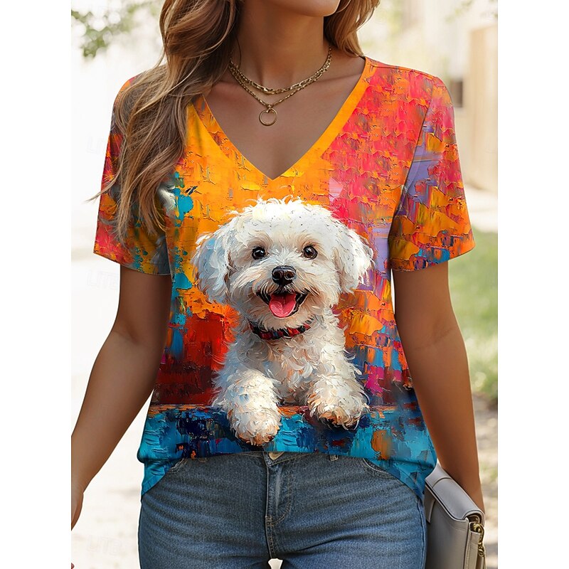 Women's T Shirt Graphic Animal Dog Vintage Stylish Casual Short Sleeve V Neck Regular Tops Daily Print Yellow Blue Orange Light Blue Summer Spring